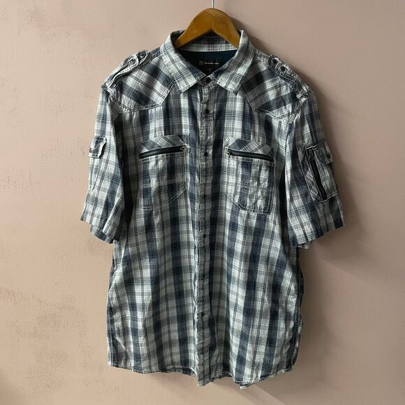 INC International Concepts Men’s Cream & Blue Plaid Button Down Shirt Sz L EUC - Picture 11 of 12